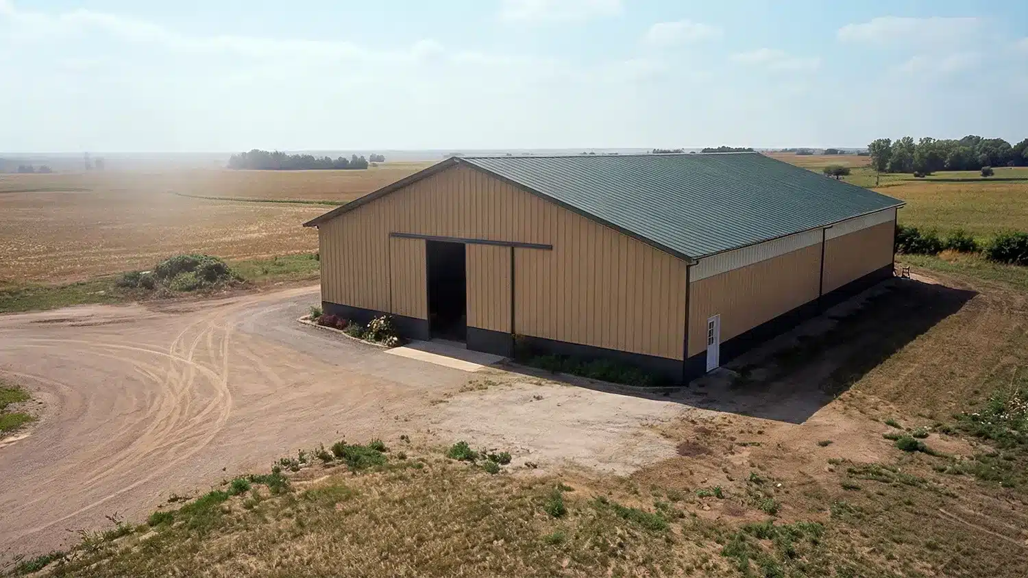 Aerial view of a large steel barn in Vaughan, Ontario.