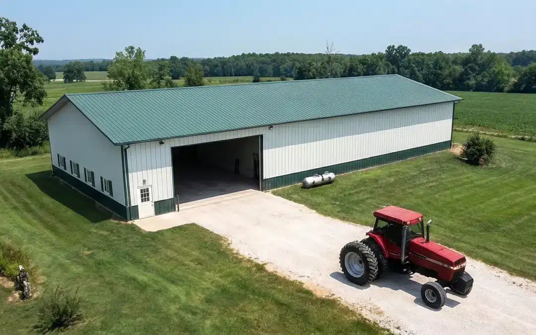 Aerial view of a 120x60 steel barn with green roof in Thunder Bay, Ontario.