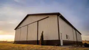 Front elevation of a 120x60 steel machinery storage barn in Markham, Ontario.
