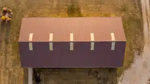 Aerial view of a 120x60 steel barn for machinery storage in Markham, Ontario.