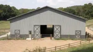 Front view of a 120x68 metal riding arena in Milton, Ontario.