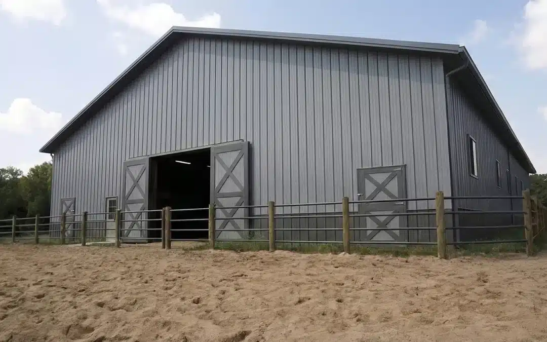 Side profile of a 120x68 steel barn in Milton, Ontario.