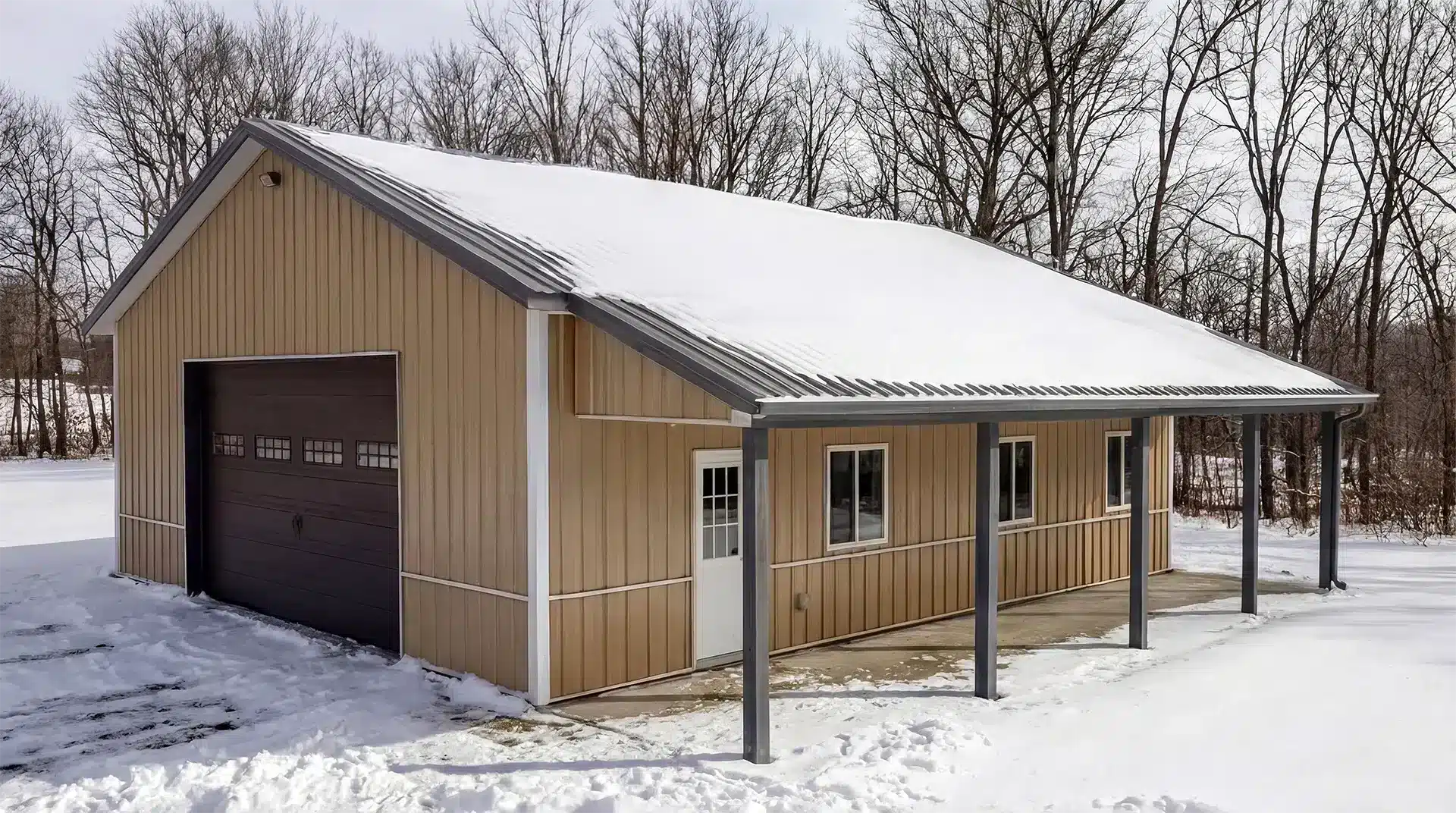 24x30 Steel Maintenance Shop Farms Lindsay Exterior View 24x30 steel maintenance shop in snowy farm area exterior view