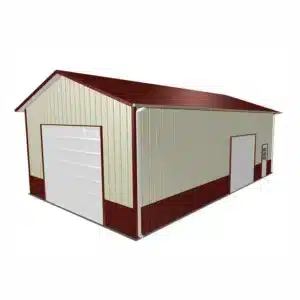 24x36x12 metal barn garage with red roof and beige walls.