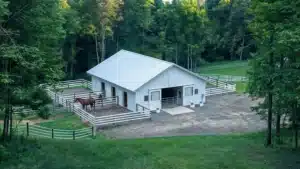 Wide view of a 48x36 steel equestrian building in Guelph, Ontario.