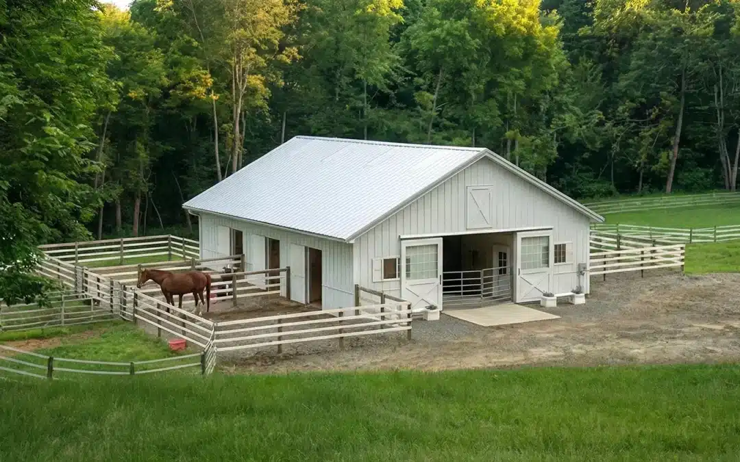 Aerial view of a 48x36 prefab metal horse barn in Guelph, Ontario.