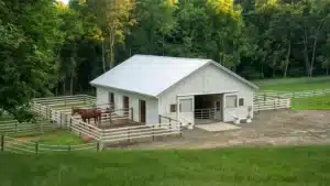Aerial view of a 48x36 prefab metal horse barn in Guelph, Ontario.