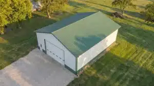 Aerial view of a 50x48 steel barn in Barrie, Ontario.