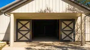 60x40 steel barn with dark trimmed sliding doors in London, Ontario