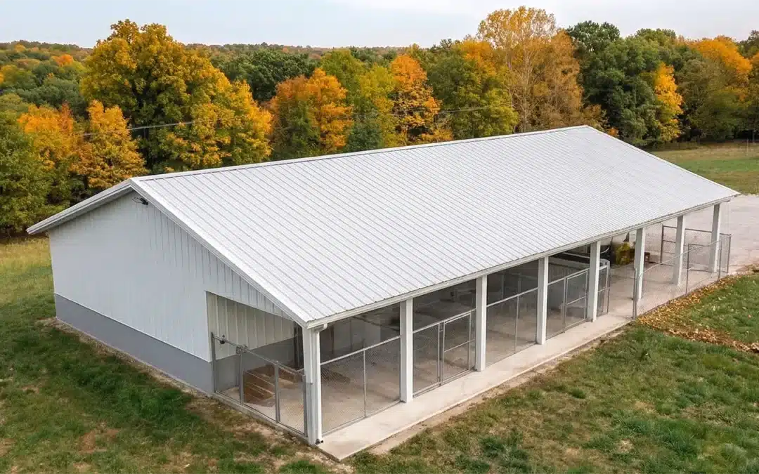 60x42 custom metal barn in Kingston, Ontario with a view of autumn trees
