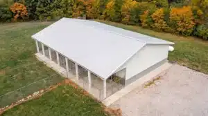 Aerial view of a 60x42 steel agricultural building in Kingston, Ontario.