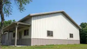 60x42 pre-engineered metal shed exterior in Peterborough, Ontario showcasing steel barn design.