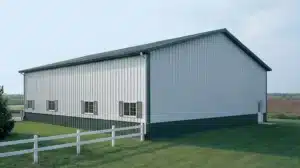 Side profile of a 60x60 custom metal barn in Kitchener, Ontario.