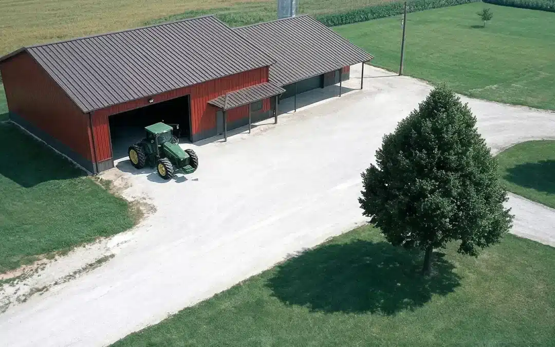 Aerial view of a 60x66 steel barn with a tractor in Waterloo, Ontario.