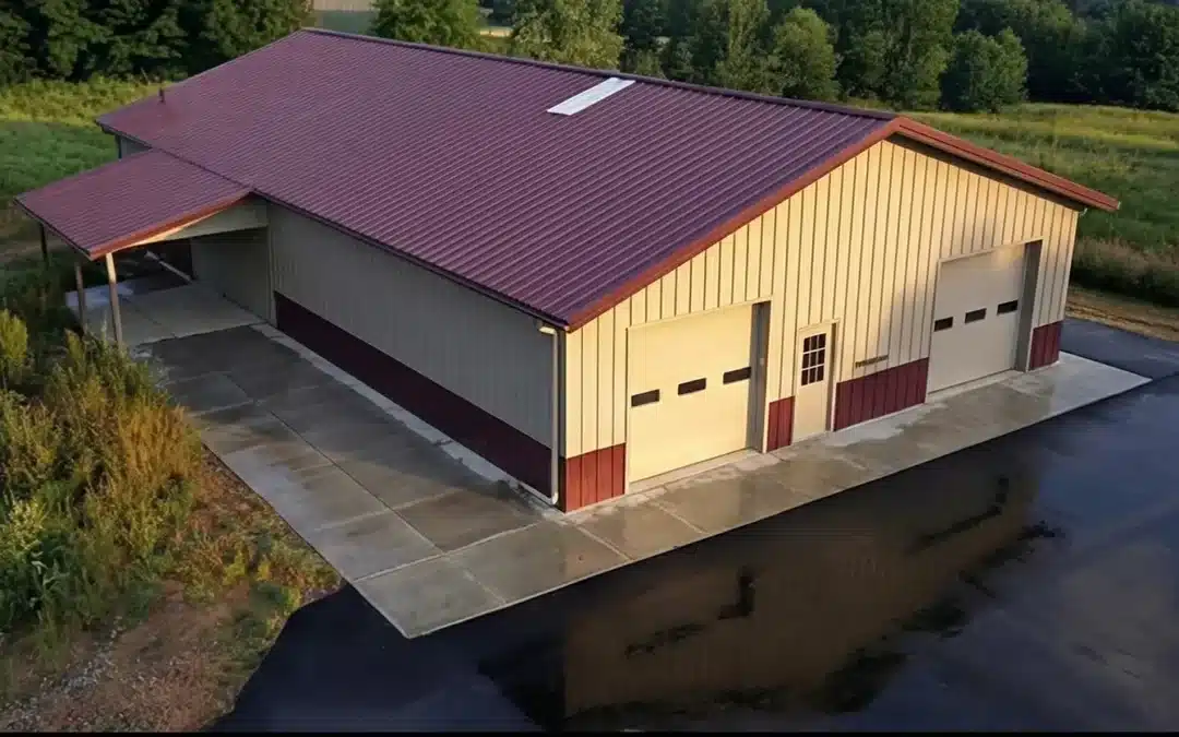Aerial view of a 75x42 metal barn in Cambridge, Ontario.