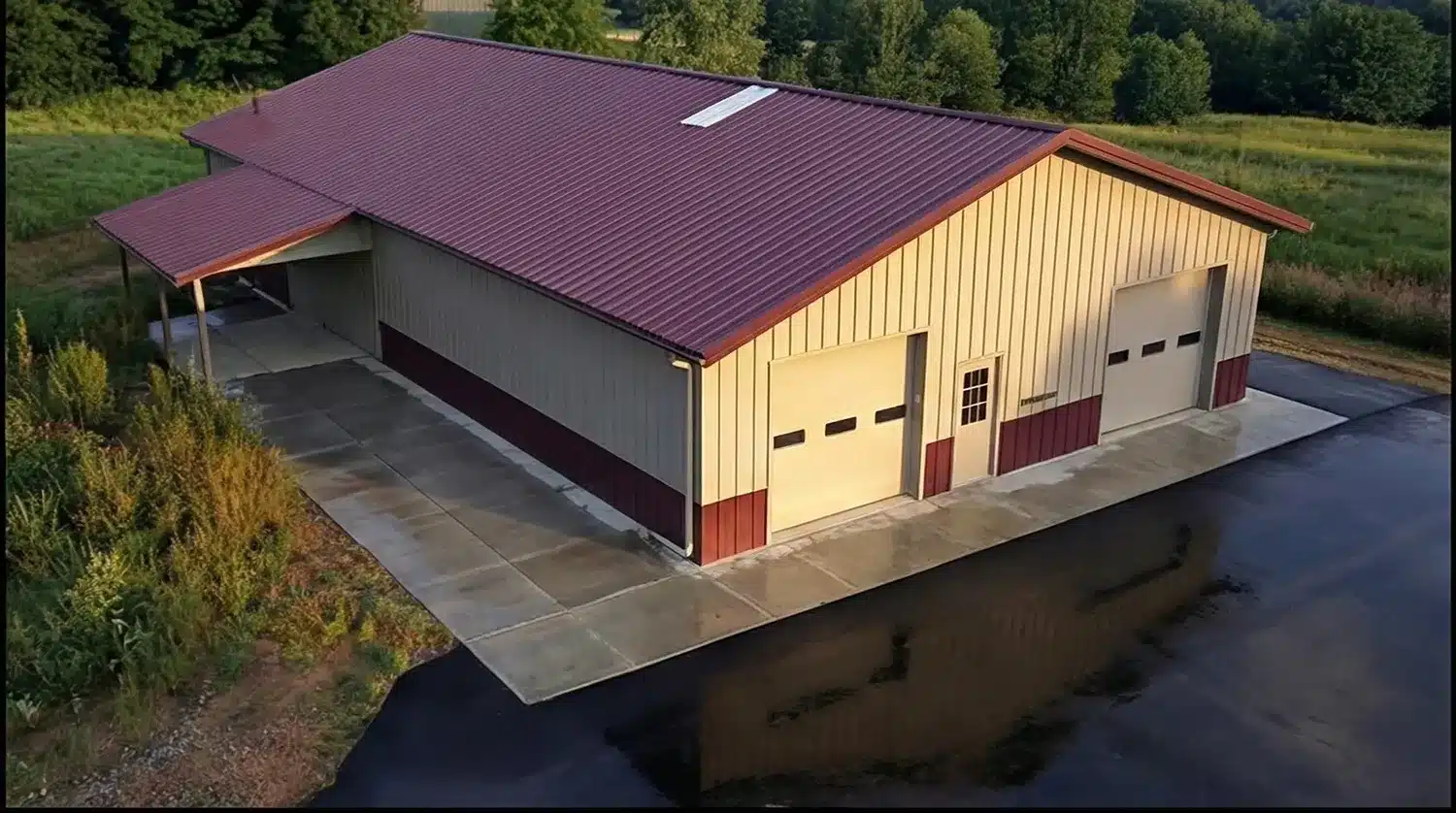 Aerial view of a 75x42 metal barn in Cambridge, Ontario.