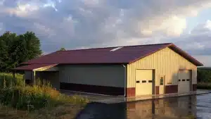 Exterior view of a 75x42 steel workshop in Cambridge, Ontario, highlighting metal barn features.