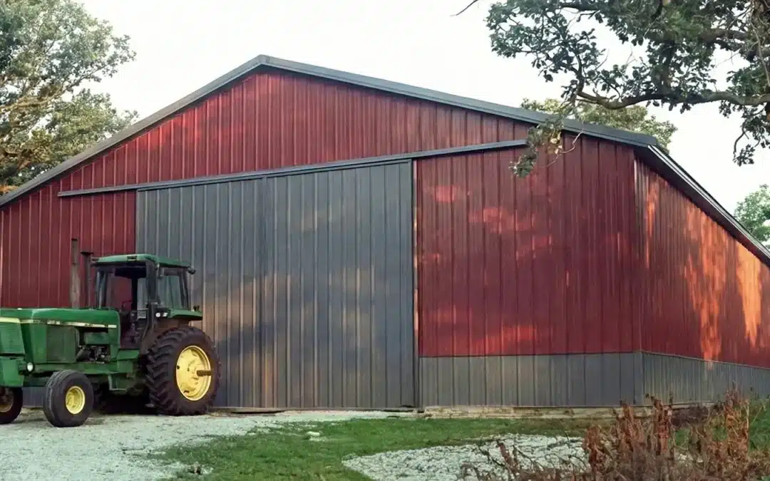 Side profile of an 80x50 prefab metal storage barn in Hamilton, Ontario.