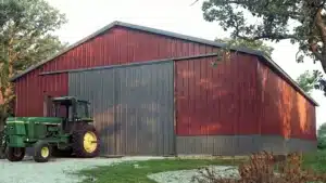 Side profile of an 80x50 prefab metal storage barn in Hamilton, Ontario.