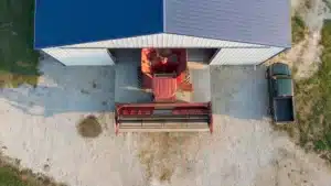 Aerial view of a 90x54 steel barn with equipment in Windsor, Ontario.