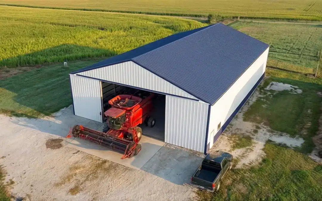 Aerial view of a 90x54 steel barn with a red tractor inside in Windsor, Ontario.