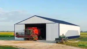 90x54 steel storage building with farm equipment in Windsor, Ontario