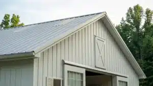 Metal barn roof and gable detail in Guelph, Ontario