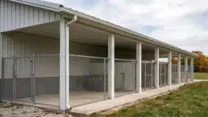 Steel building kennel enclosure with chain-link fence in Kingston, Ontario.