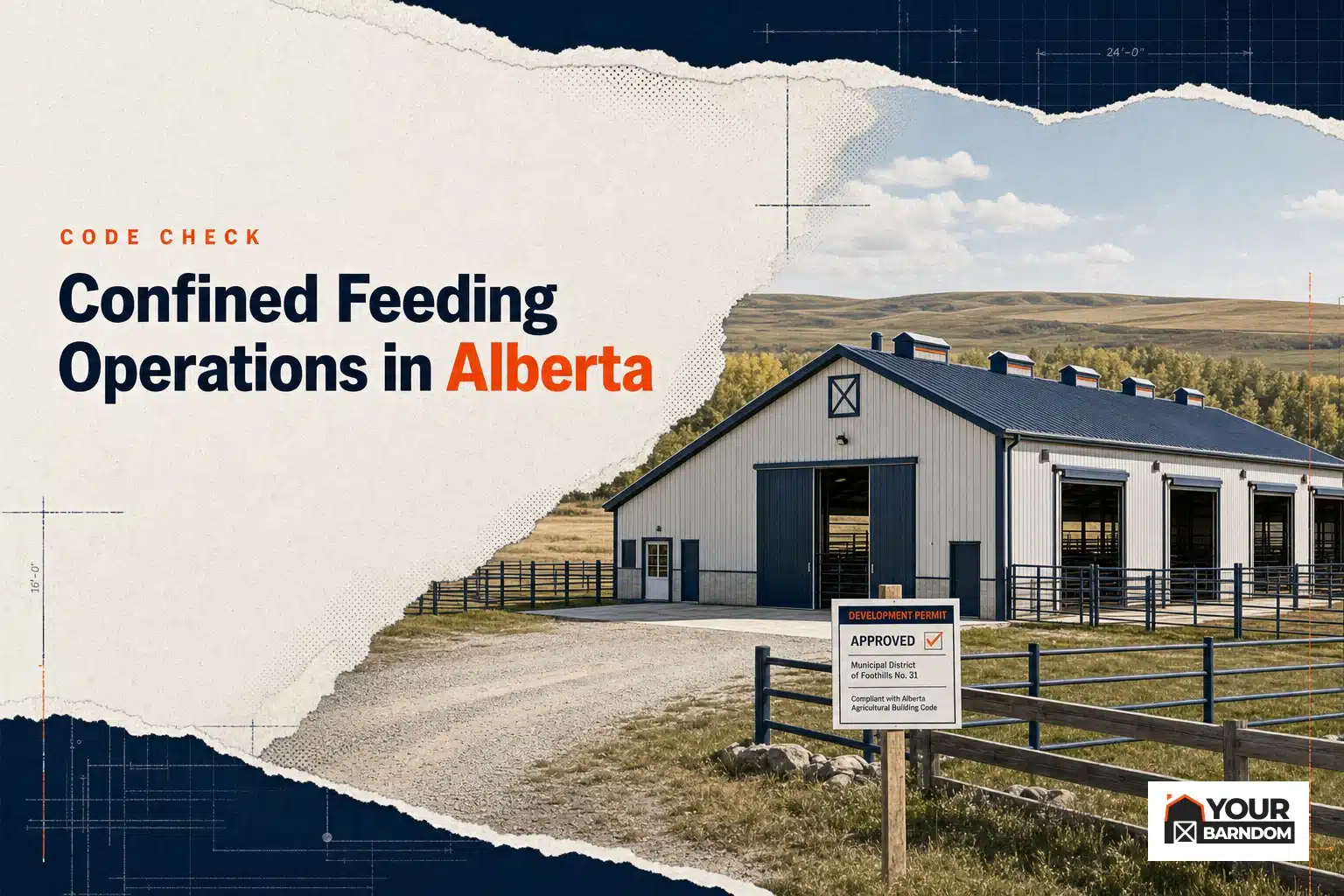 An Alberta barn with a posted NRCB permit sign, illustrating nrcb permit alberta barn compliance.