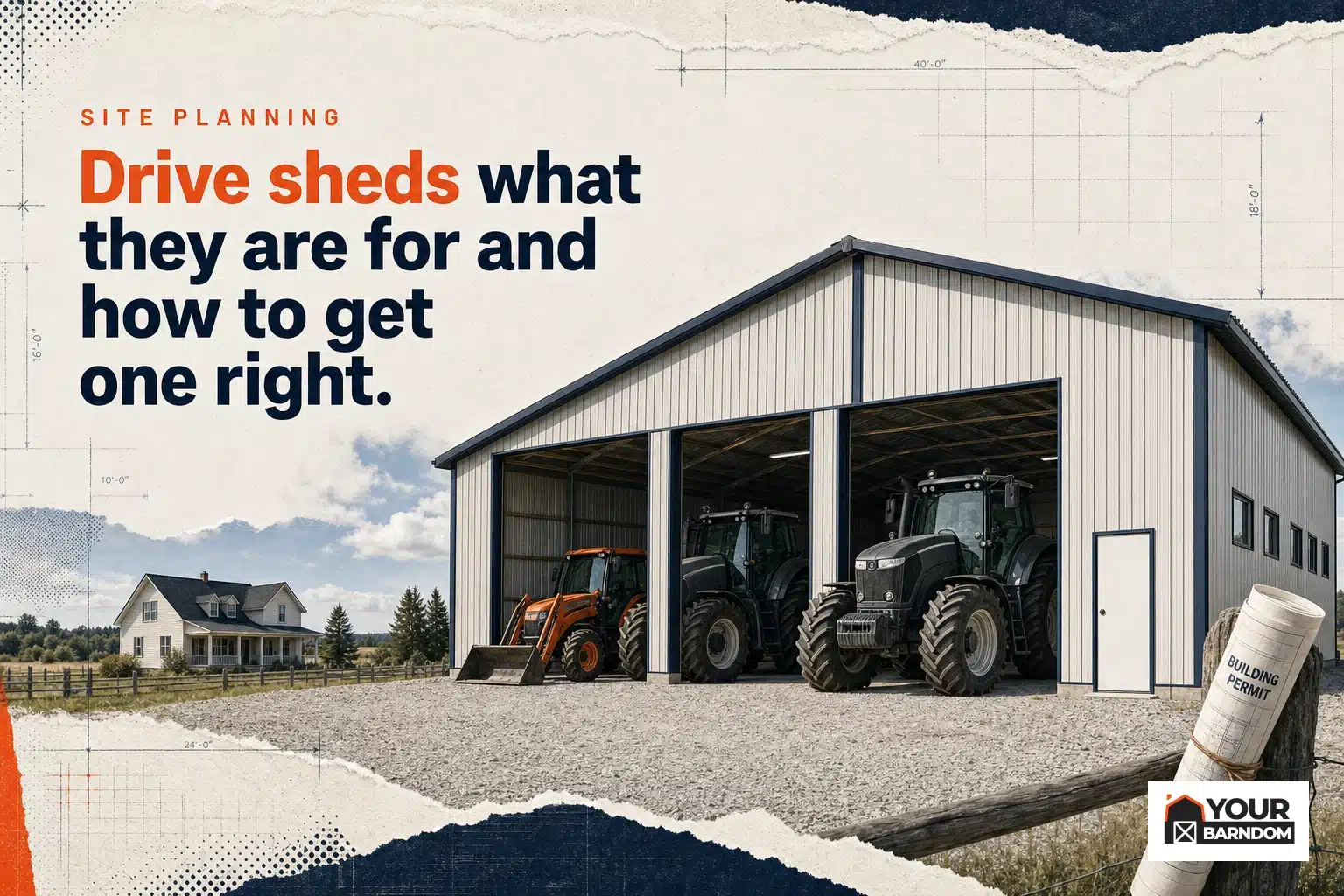 A Canadian drive shed with tractors and farm equipment, illustrating drive shed canada in a rural setting.