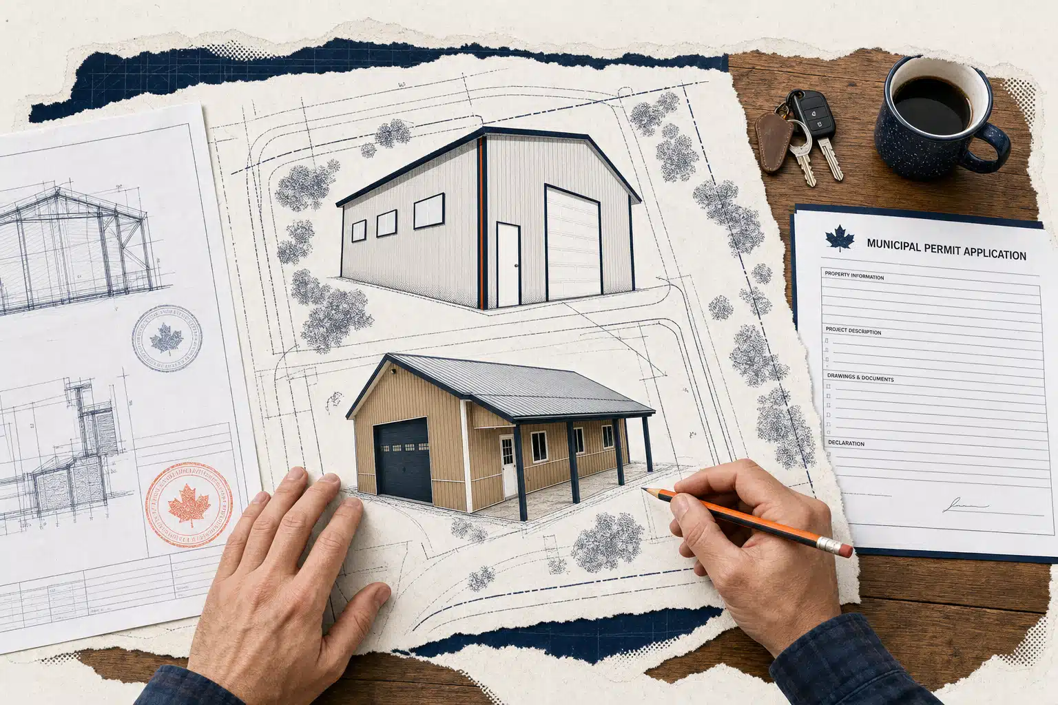 Detailed farm building permit Ontario application documents including site plan and engineering drawing.