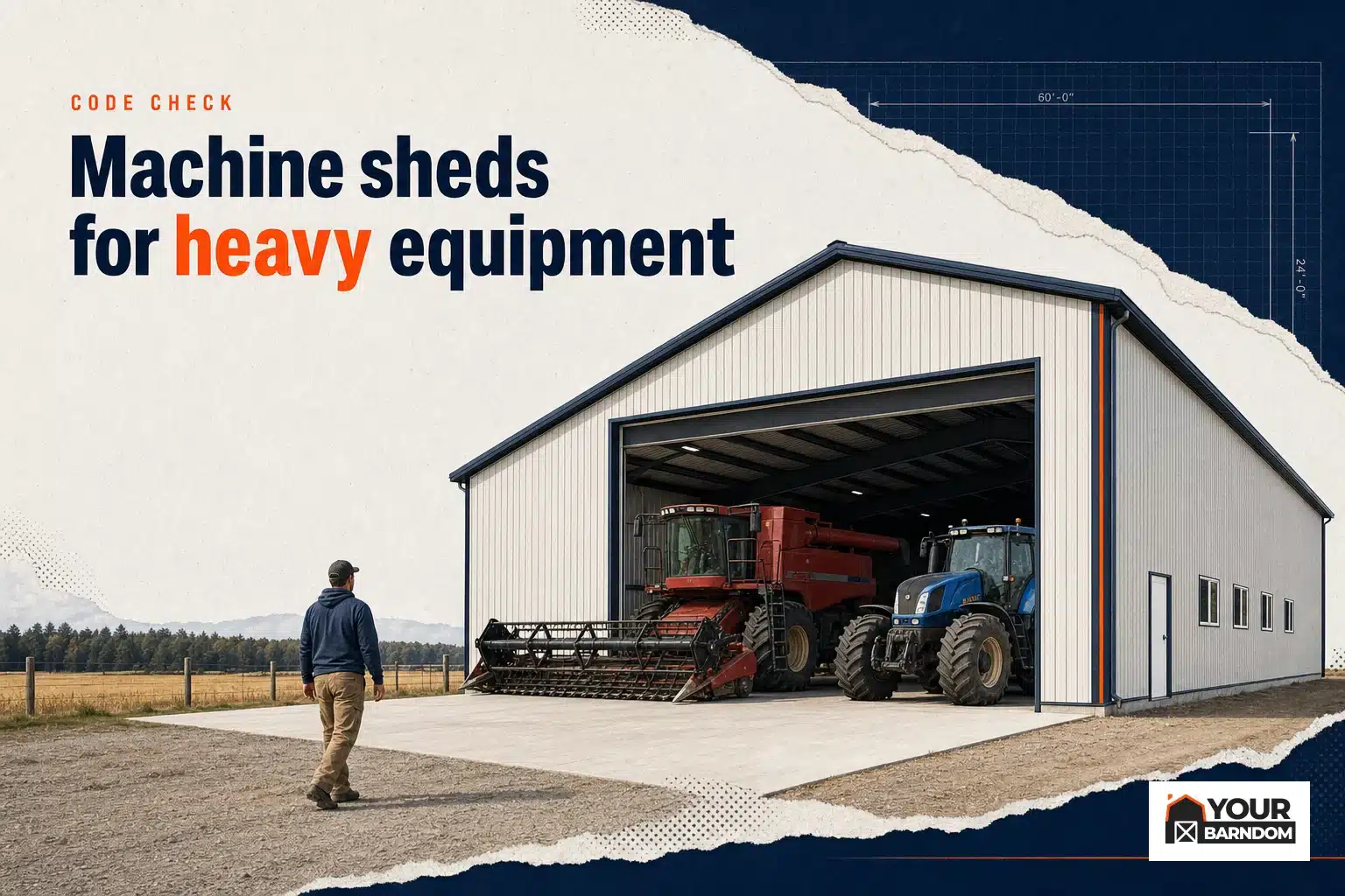 A spacious machine shed Canada with large doors and heavy farm equipment inside.