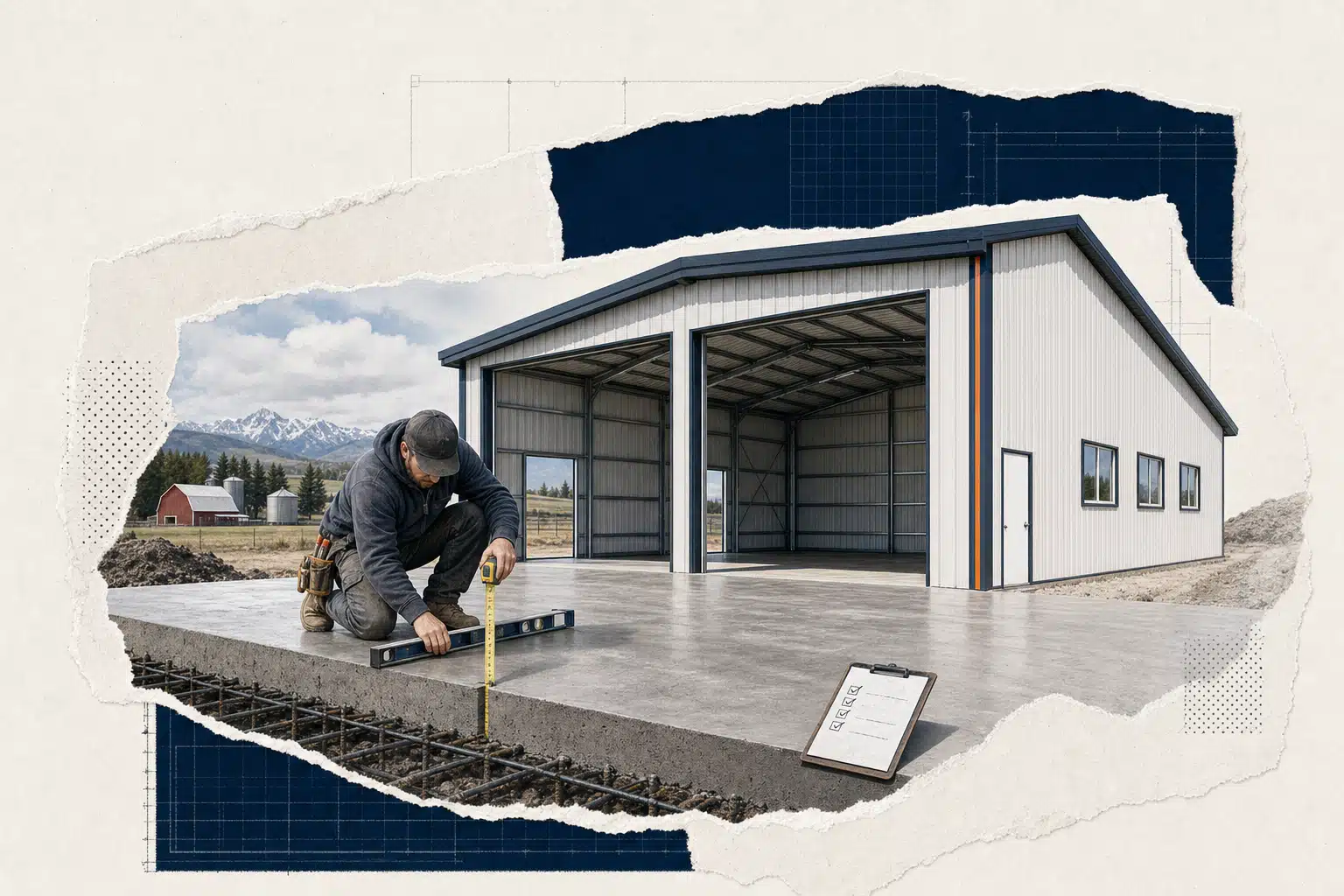 A contractor checks concrete slab thickness in a Canadian machine shed built for heavy equipment.