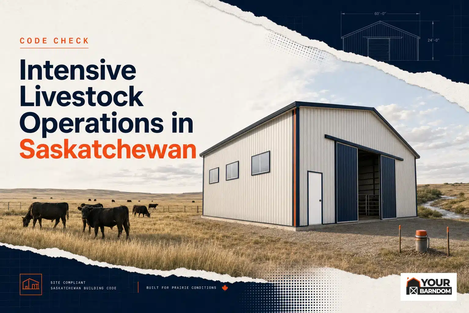 A Saskatchewan metal barn near a watercourse and well, illustrating intensive livestock operation Saskatchewan approval.