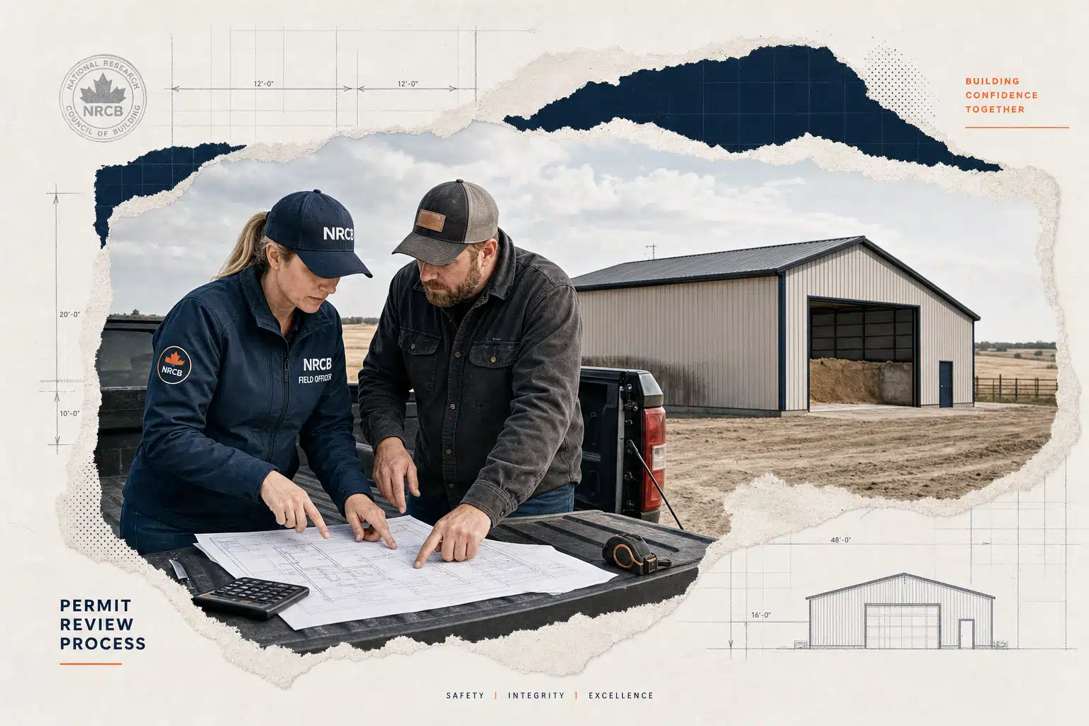 A field officer and barn owner review NRCB permit documents at an Alberta barn site.