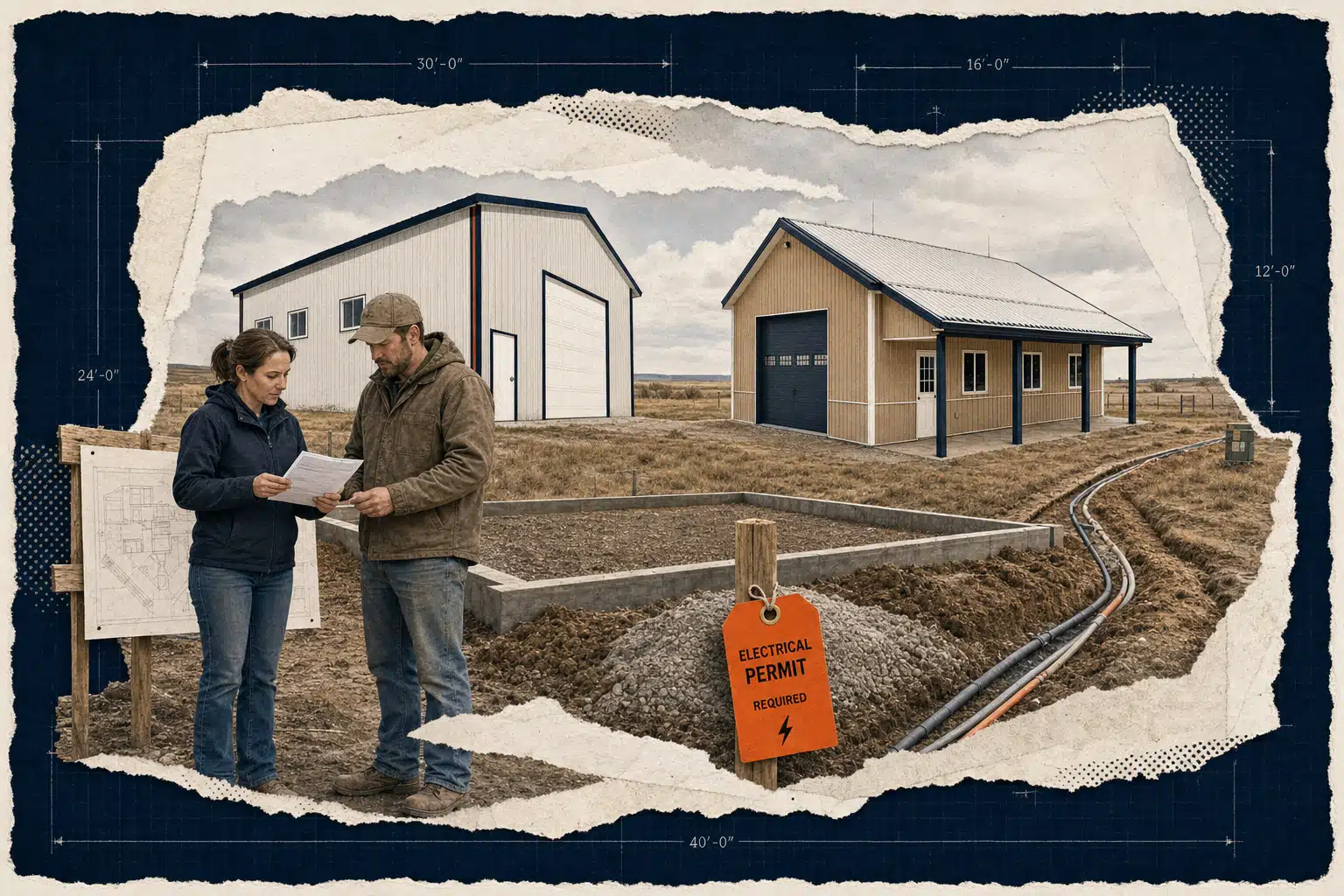 A development officer and farmer review site plans and permits for a farm building permit Alberta project.