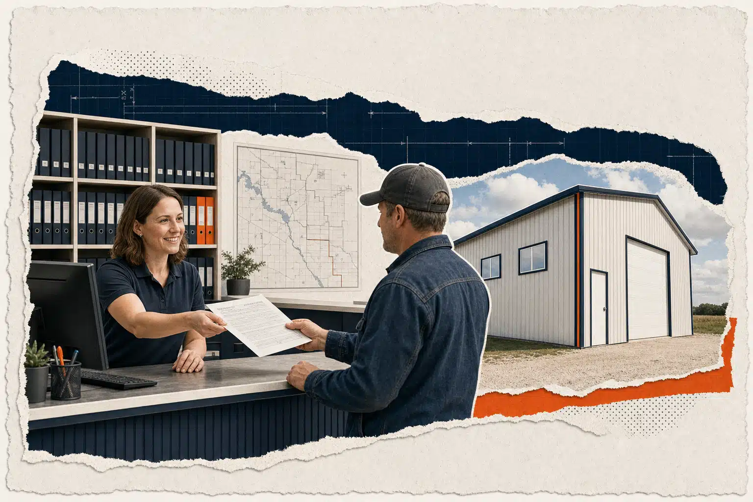 A farmer receives a declaration form for a farm building permit in Saskatchewan at a rural municipal office.