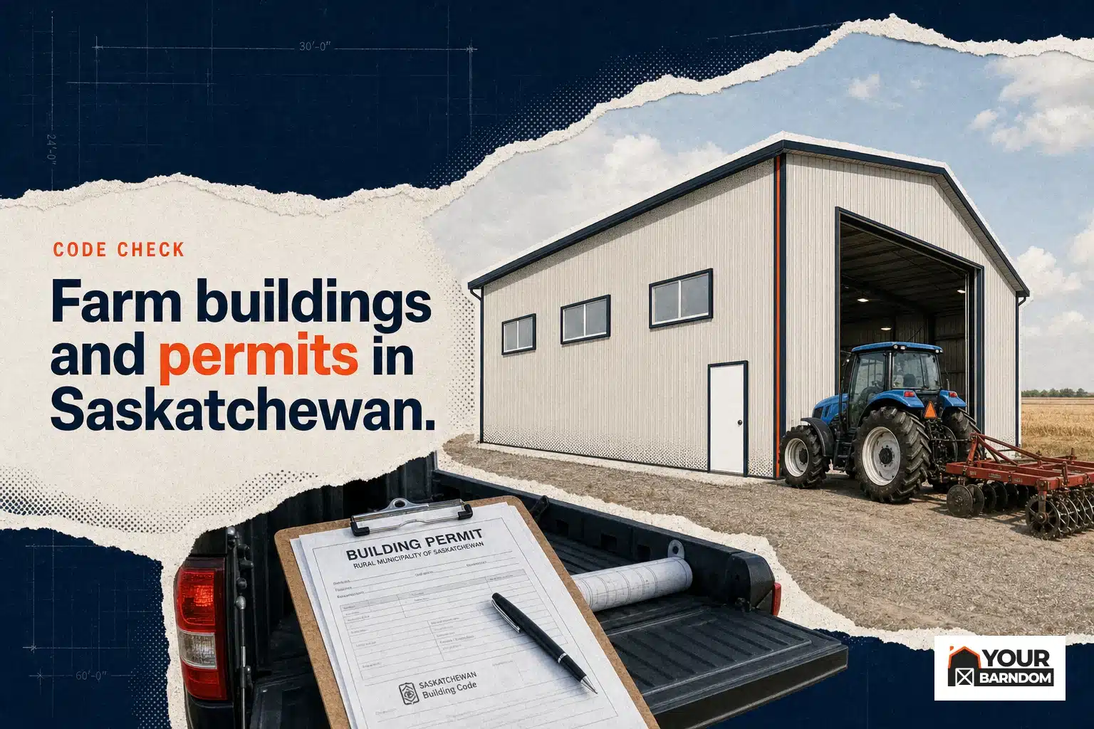 A machine shed in rural Saskatchewan with permit paperwork in view, illustrating farm building permit Saskatchewan rules.