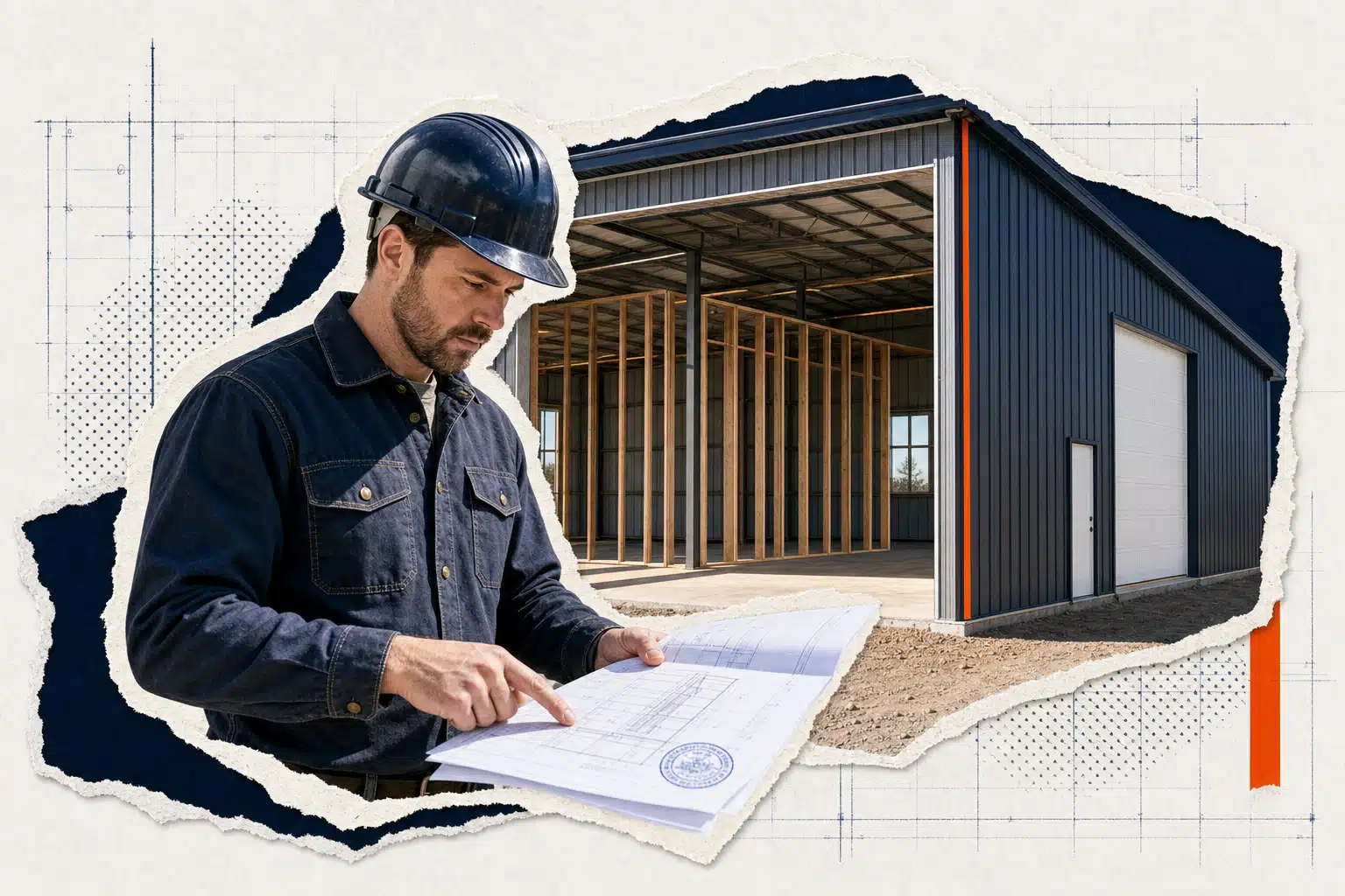 Inspector reviews sealed drawings at a Canadian barn site, highlighting the 600 square metre farm building rule.